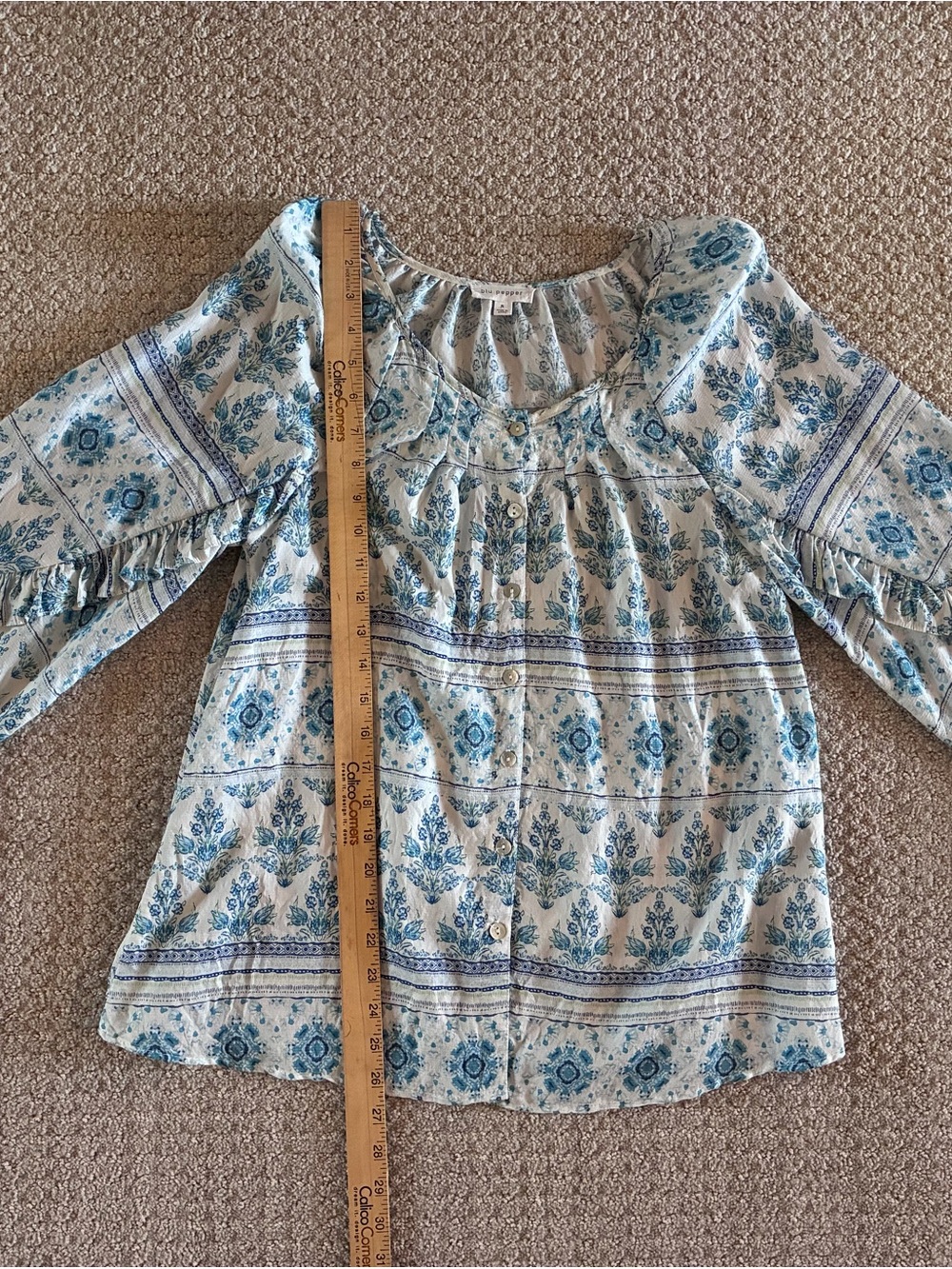 Women' Blue hues Floral Peasant Top - Lightweight Button Front Shirt
